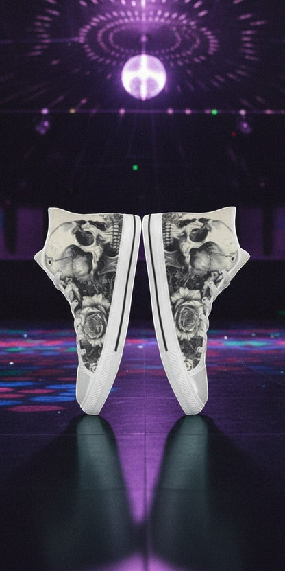 Women's Gothic Skull Art Dark Rose Collection high-top canvas shoes, custom full-wrap printed design — Freaky Shoes