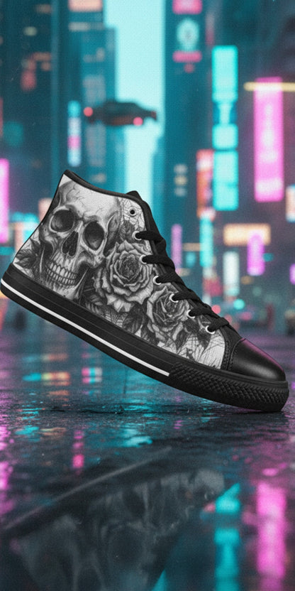 Women's Dark Art Gothic Skull custom high-top canvas shoes — wearable art by Freaky Shoes
