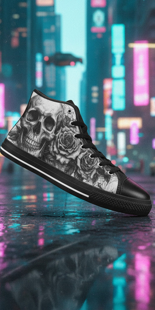 Freaky Shoes® high top canvas sneakers featuring a black and white gothic skull and rose print in a neon city street.
