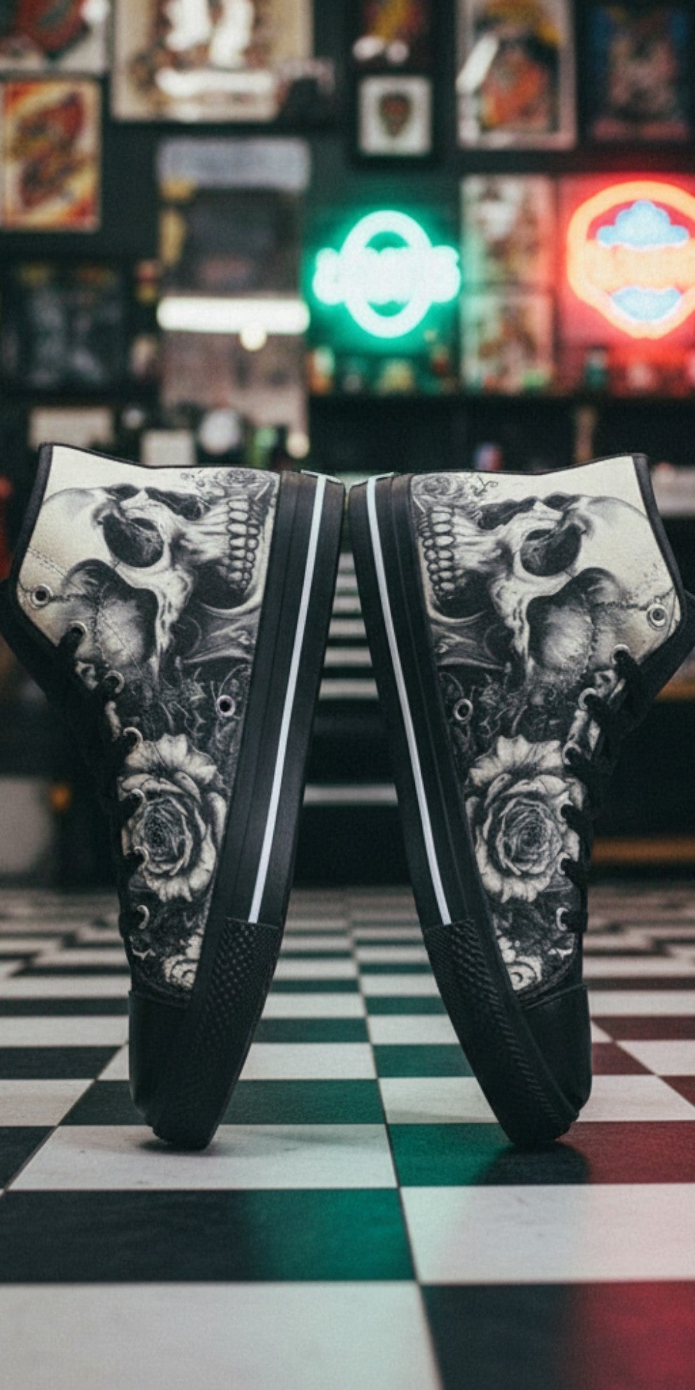 Men's Monochrome Gothic Skull Dark Art custom high-top canvas shoes — wearable art by Freaky Shoes