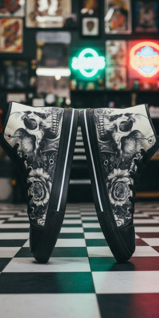 Freaky Shoes® monochrome high top canvas sneakers featuring a detailed gothic skull and rose art print.