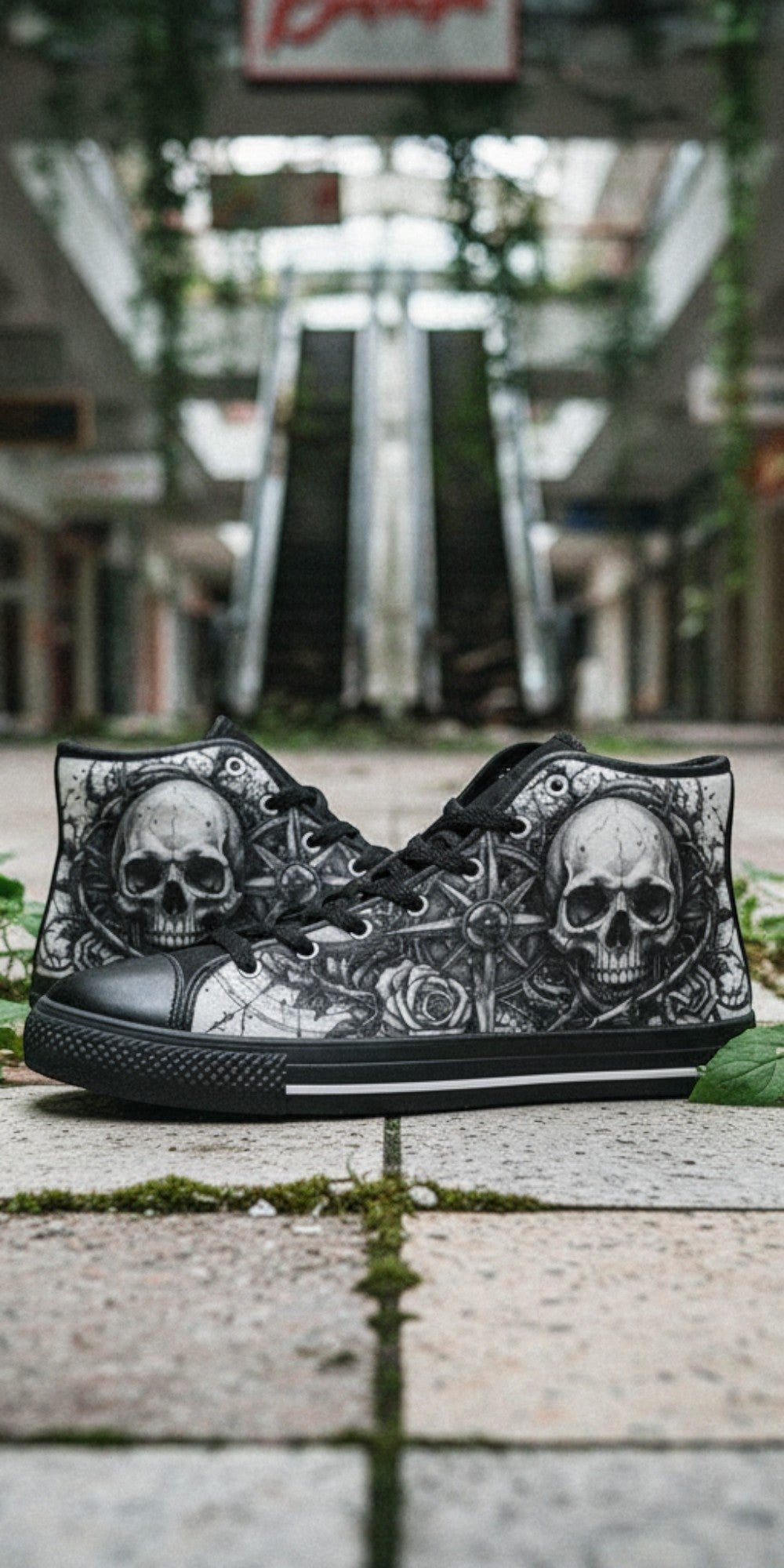 Women's Dark Gothic Skull high-top canvas shoes — one-of-a-kind custom printed art, Freaky Shoes