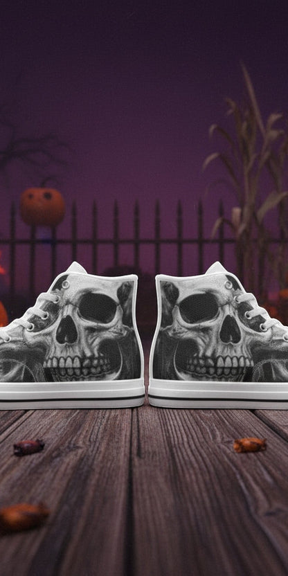 Women's Grey Skull & Dark Rose Gothic high-top canvas shoes, custom full-wrap printed design — Freaky Shoes