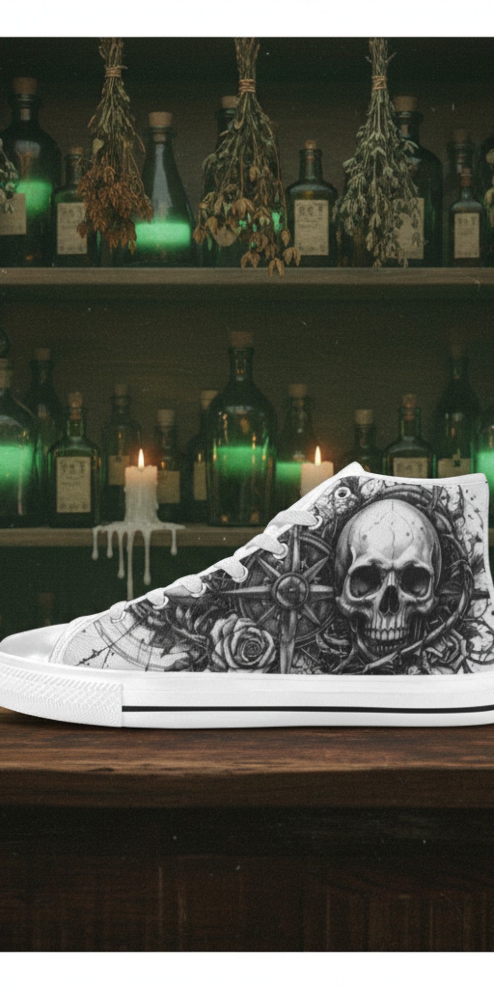 Women's Skull & Crown Gothic Dark Art hand-made high-top canvas shoes — unique wearable art by Freaky Shoes