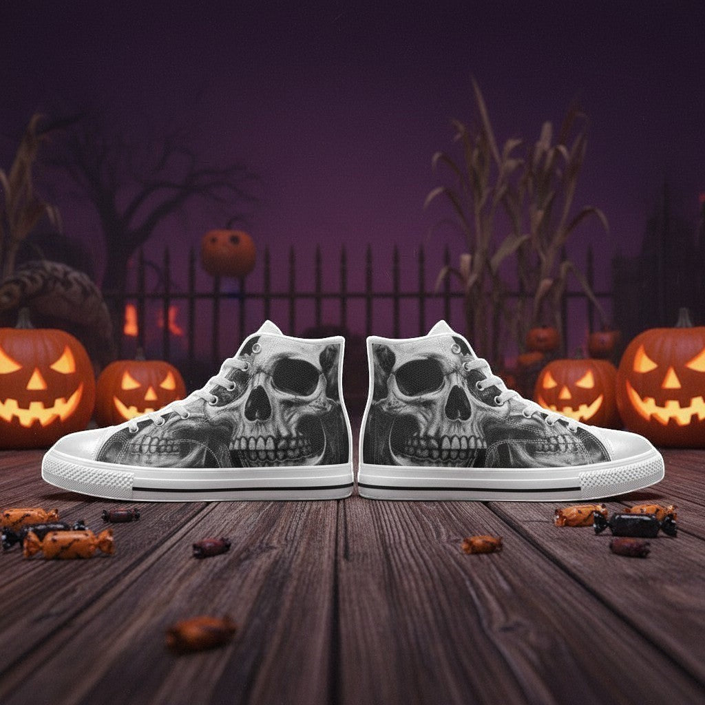 Women's Grey Skull & Dark Rose Gothic custom high-top canvas shoes — wearable art by Freaky Shoes