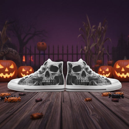 Women's Grey Skull & Dark Rose Gothic custom high-top canvas shoes — wearable art by Freaky Shoes