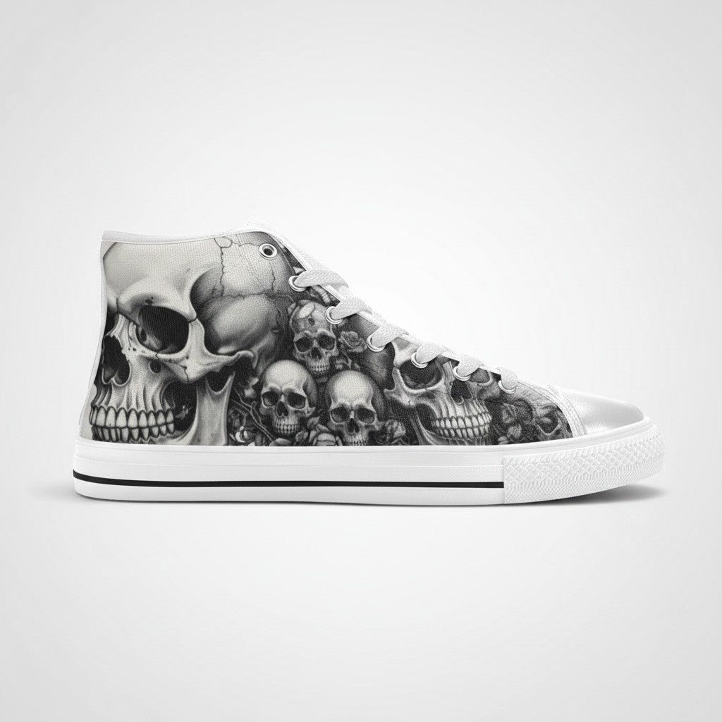 Freaky Shoes® women's high-top canvas sneakers featuring a detailed black and white gothic skull and rose art print.