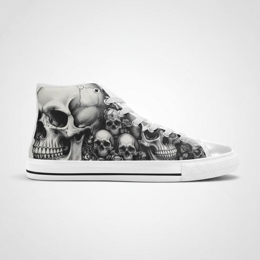 Freaky Shoes® women's high-top canvas sneakers featuring a detailed black and white gothic skull and rose art print.