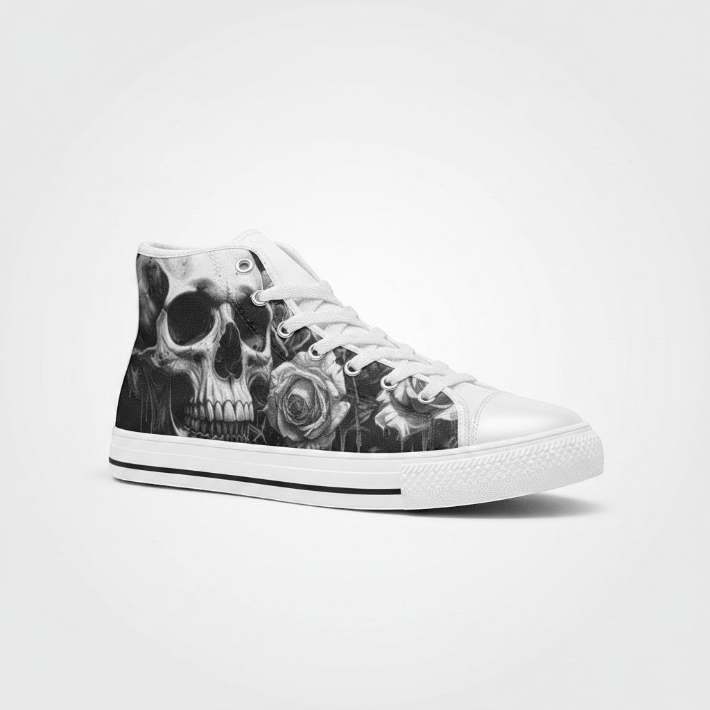 Freaky Shoes® women's high-top canvas sneakers featuring a grey skull and dark rose gothic print with white laces