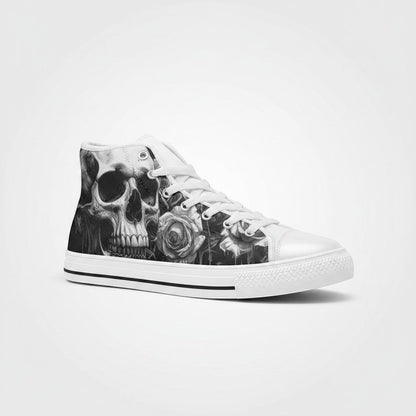 Freaky Shoes® women's high-top canvas sneakers featuring a grey skull and dark rose gothic print with white laces