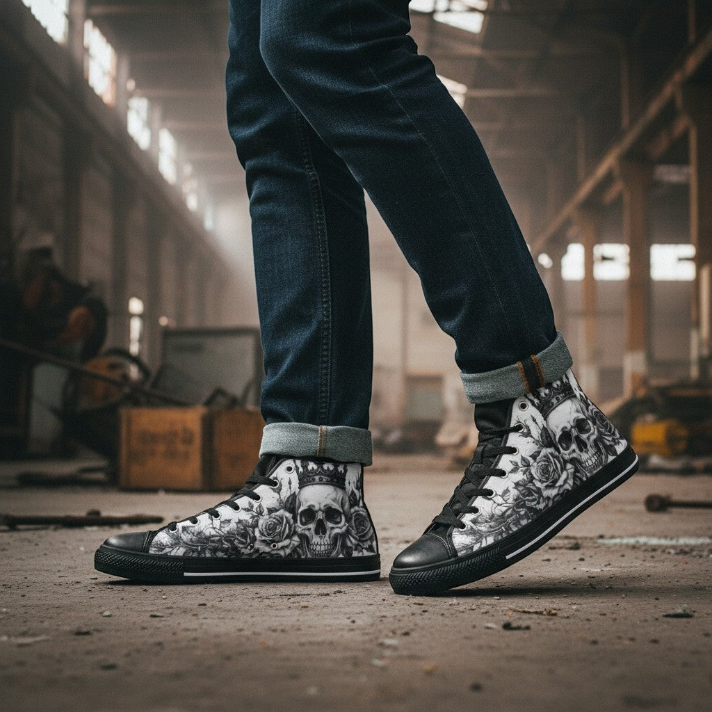 Freaky Shoes® high-top canvas sneakers featuring a black and white gothic skull and rose art print on a man