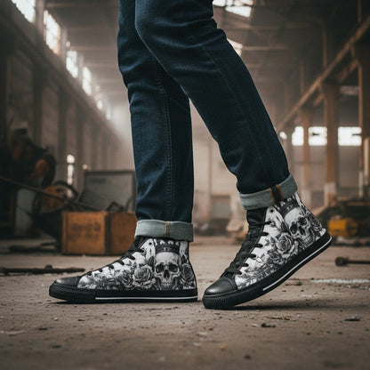 Freaky Shoes® high-top canvas sneakers featuring a black and white gothic skull and rose art print on a man