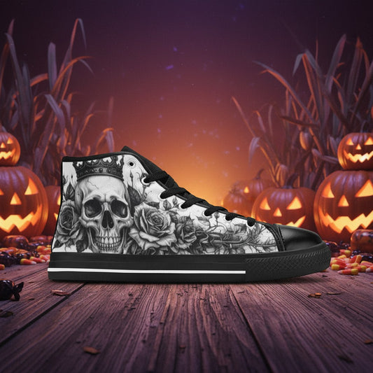 Freaky Shoes® grey high-top canvas sneakers featuring a gothic skull and rose print on a wooden floor with pumpkins.