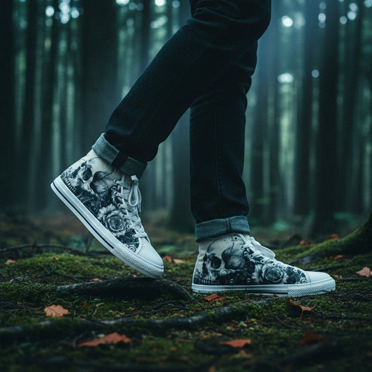 Freaky Shoes® high-top canvas sneakers featuring gothic skull and dark rose art, worn in a forest setting.