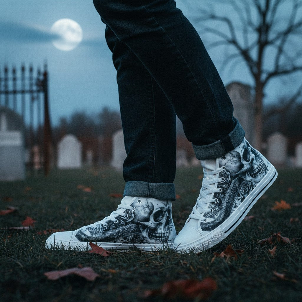 Freaky Shoes® women's high-top canvas sneakers featuring a gothic skull and rose dark art print in a graveyard setting