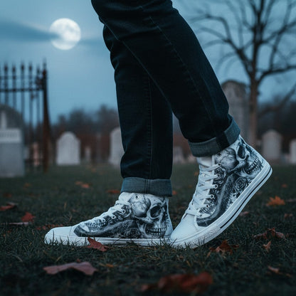 Freaky Shoes® women's high-top canvas sneakers featuring a gothic skull and rose dark art print in a graveyard setting