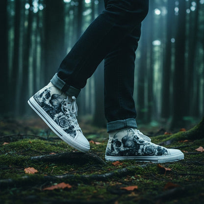 Freaky Shoes® high-top canvas sneakers featuring gothic skull and dark rose art, worn in a forest setting.