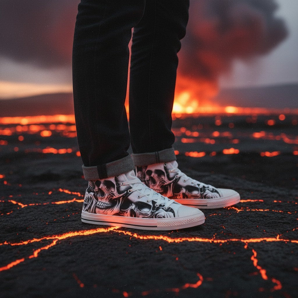Freaky Shoes® women's high-top canvas sneakers featuring a gothic cartoon skull and rose print on a volcanic landscape.