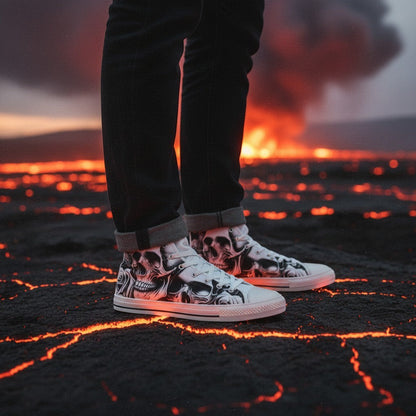 Freaky Shoes® women's high-top canvas sneakers featuring a gothic cartoon skull and rose print on a volcanic landscape.
