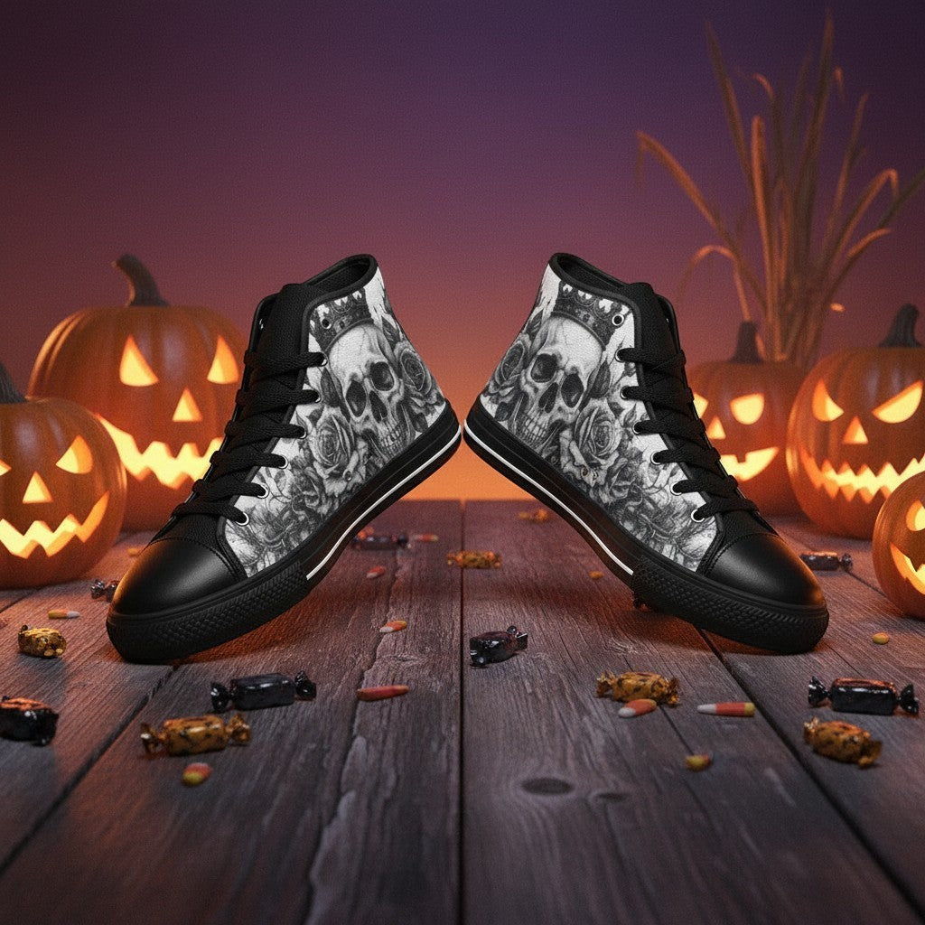 Freaky Shoes® grey high-top canvas sneakers featuring a gothic skull and rose print on a rustic Halloween background