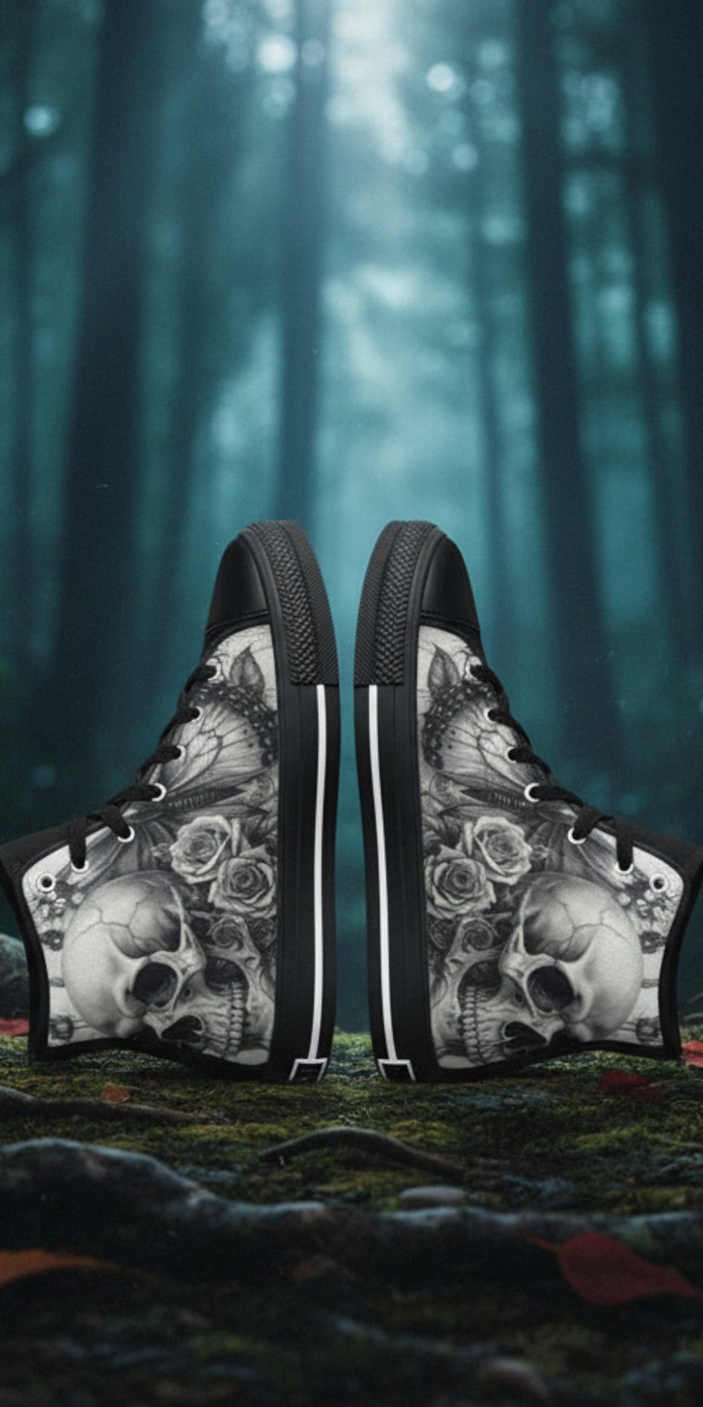 Women's Dark Skull Moon Gothic Dark Art hand-made high-top canvas shoes — unique wearable art by Freaky Shoes