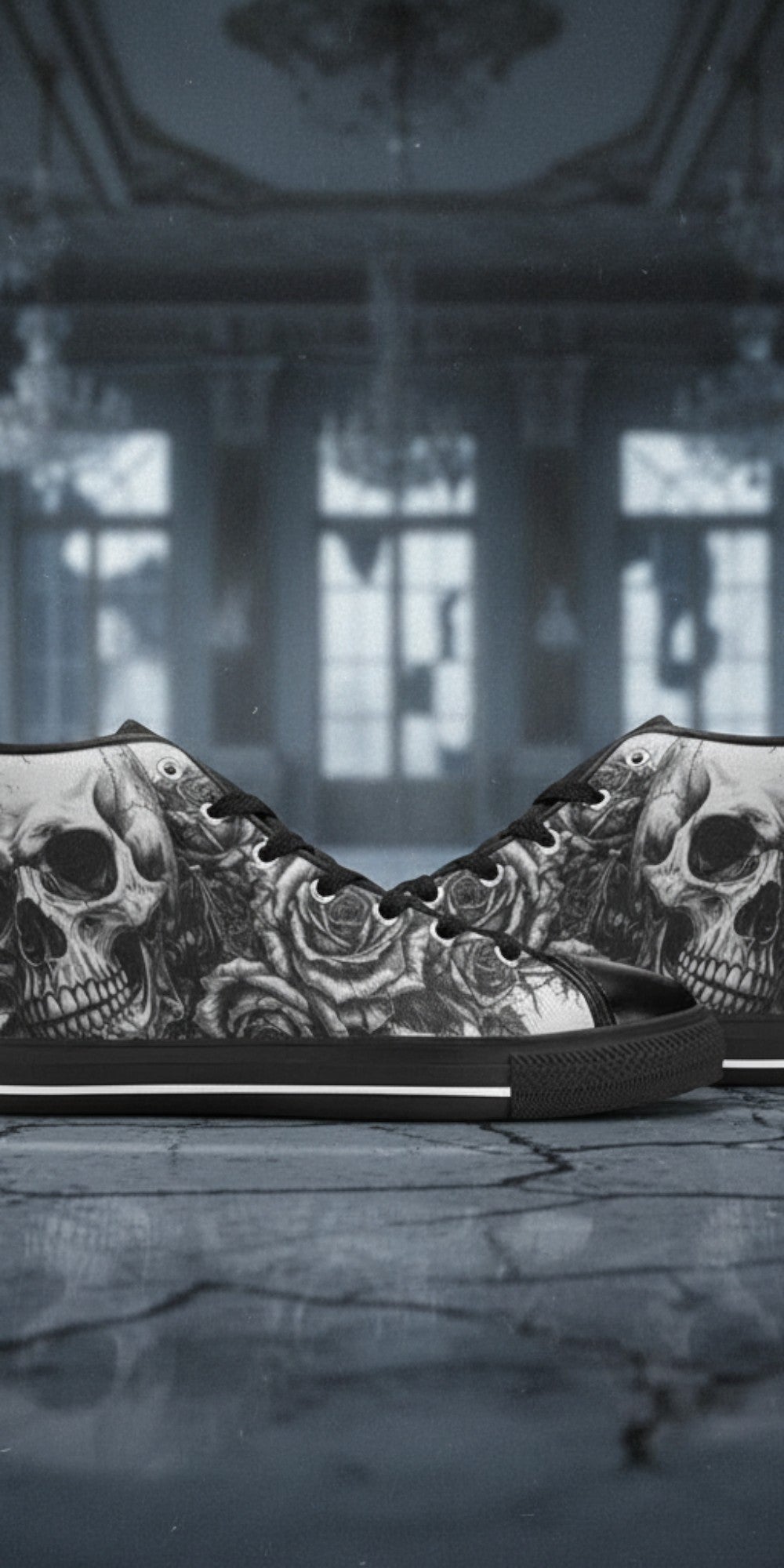 Women's Dark Skull Art Gothic hand-made high-top canvas shoes — unique wearable art by Freaky Shoes