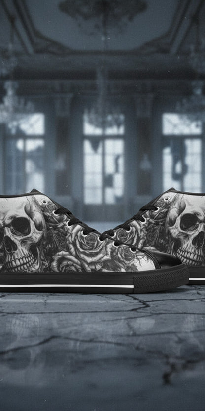 Women's Dark Skull Art Gothic hand-made high-top canvas shoes — unique wearable art by Freaky Shoes
