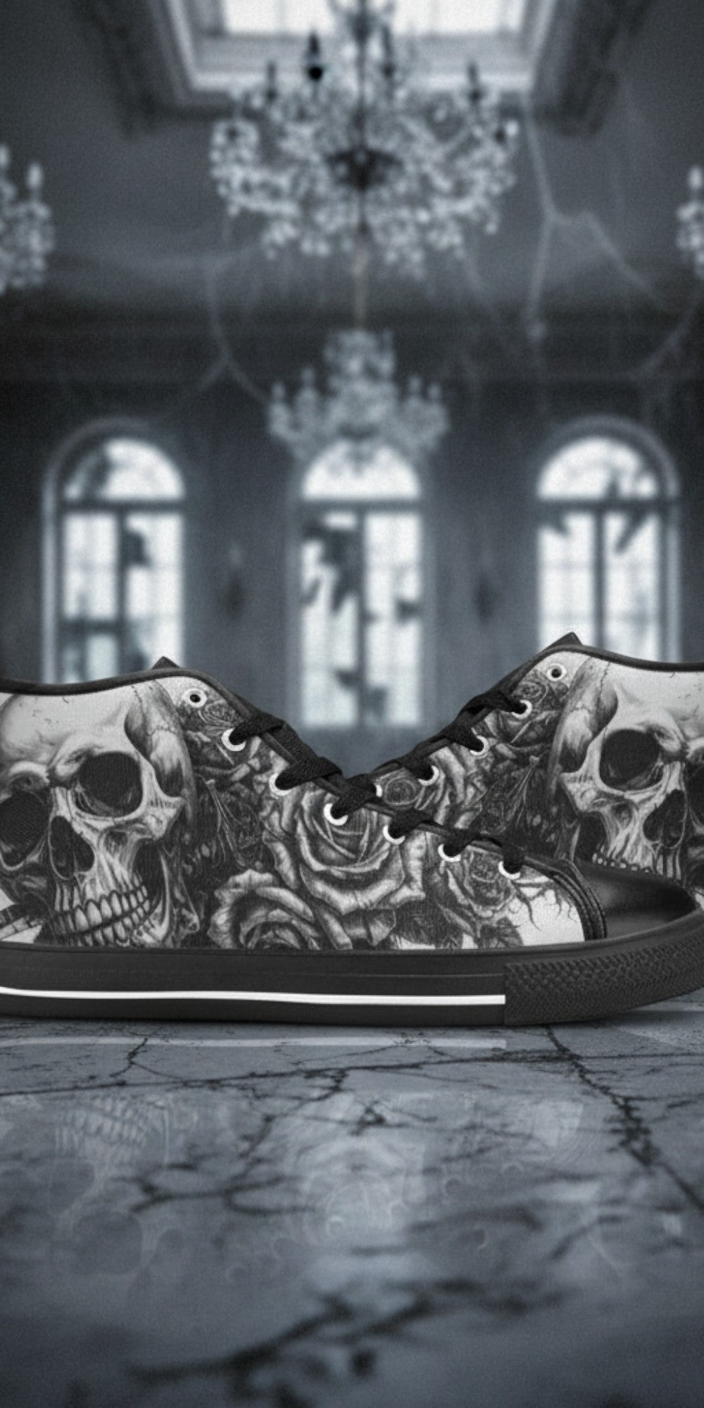 Women's Dark Skull Art Gothic custom high-top canvas shoes — wearable art by Freaky Shoes