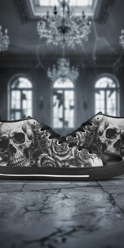 Women's Dark Skull Art Gothic custom high-top canvas shoes — wearable art by Freaky Shoes