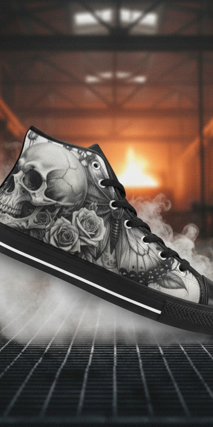 Men's Gothic Moon Skull Dark Art custom high-top canvas shoes — wearable art by Freaky Shoes