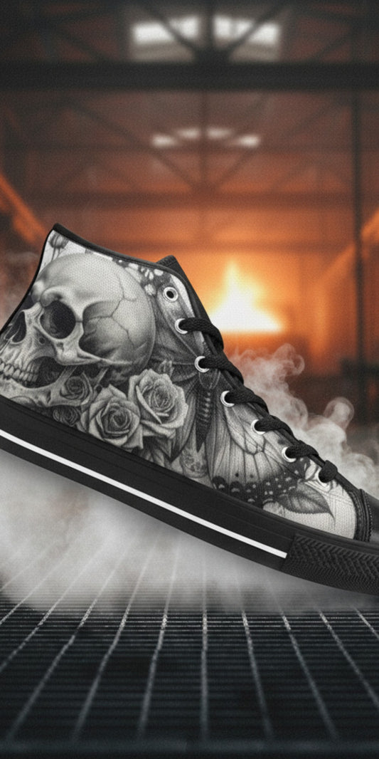Freaky Shoes® Gothic moon skull and rose print high top canvas sneakers with black rubber soles and lace-up closure.