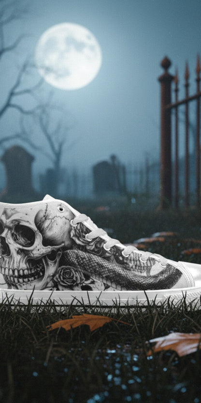 Women's Skull Gothic Dark Art custom high-top canvas shoes — wearable art by Freaky Shoes
