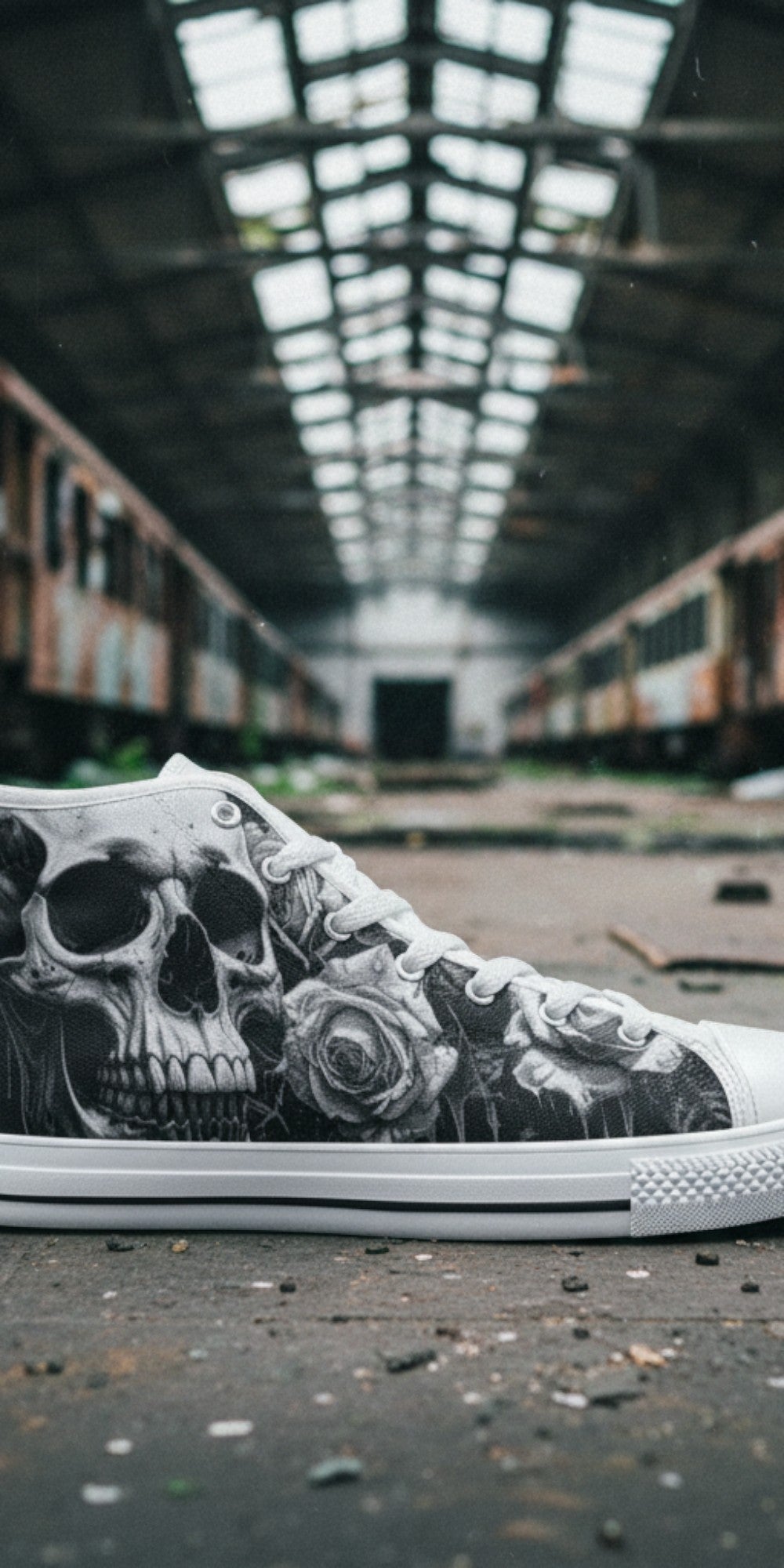 Custom Men's Greyscale Skull Art Dark Gothic high-top canvas shoes with bold all-over art — Freaky Shoes