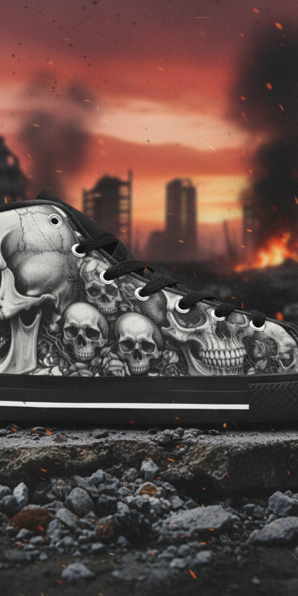 Men's Dark Gothic Moon Skull high-top canvas shoes — one-of-a-kind custom printed art, Freaky Shoes