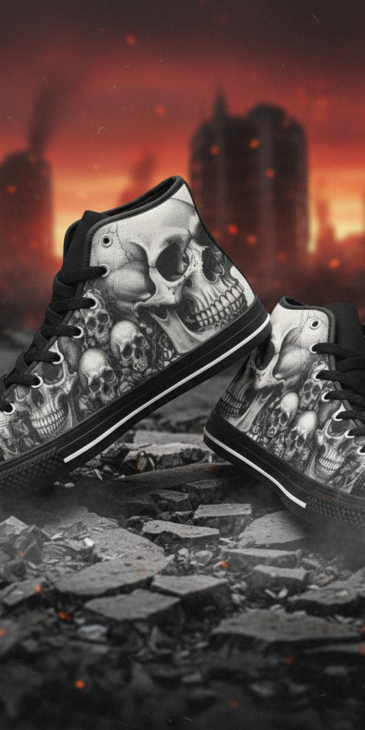 Freaky Shoes® men's high top canvas sneakers featuring a dark gothic skull print, black laces, and rubber soles.