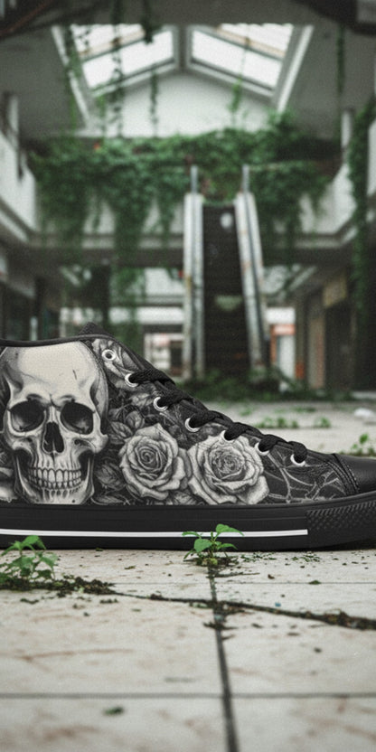 Custom Men's Grey Skull & Wings Dark Gothic high-top canvas shoes with bold all-over art — Freaky Shoes