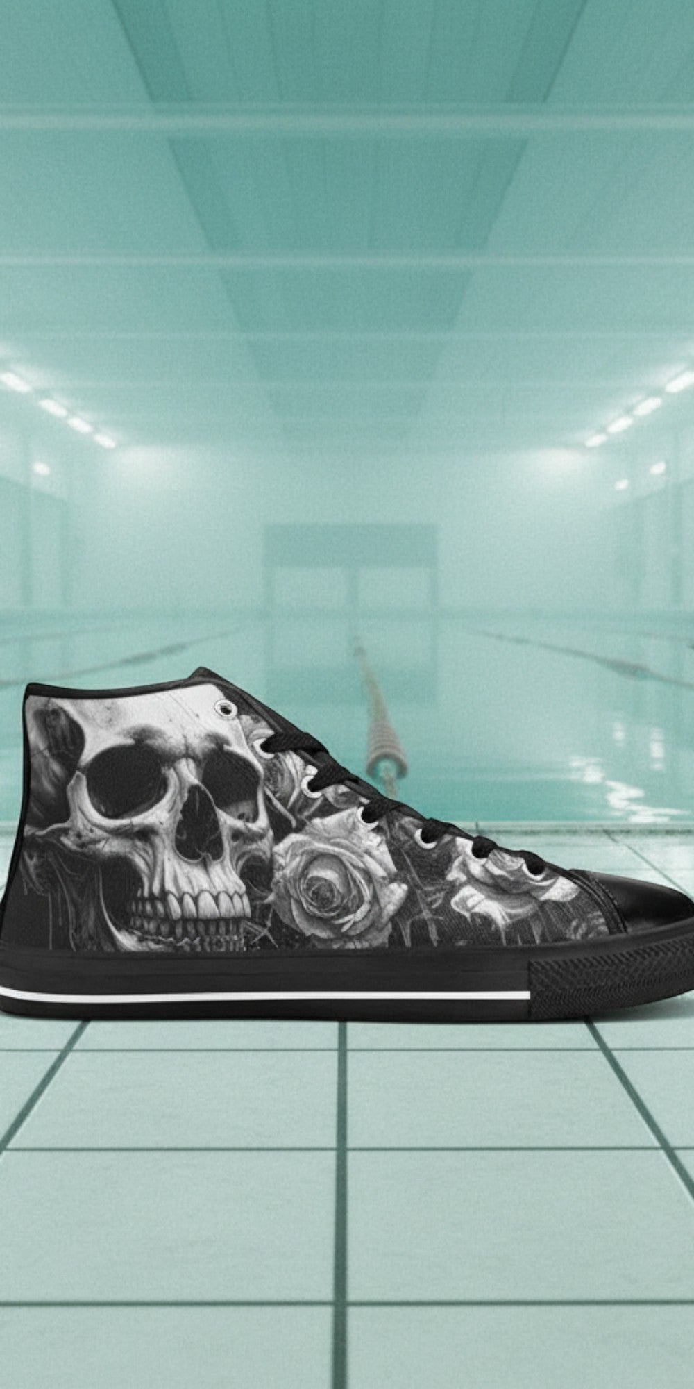 Women's Dark Greyscale Gothic Skull high-top canvas shoes — one-of-a-kind custom printed art, Freaky Shoes