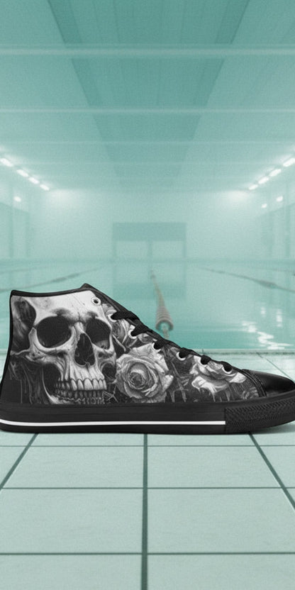 Women's Dark Greyscale Gothic Skull high-top canvas shoes — one-of-a-kind custom printed art, Freaky Shoes