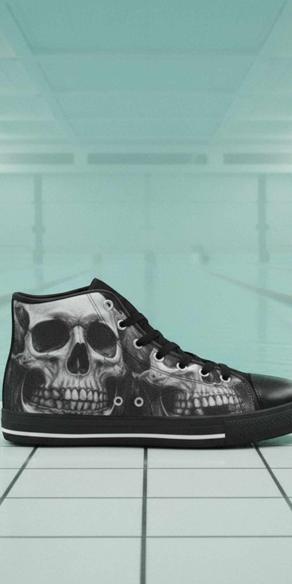 Women's Dark Greyscale Gothic Skull high-top canvas shoes, custom full-wrap printed design — Freaky Shoes