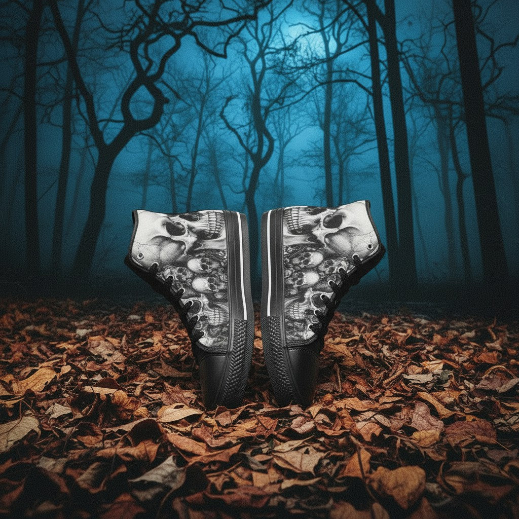 Men's Monochrome Gothic Skull Dark Art high-top canvas shoes — one-of-a-kind custom printed art, Freaky Shoes
