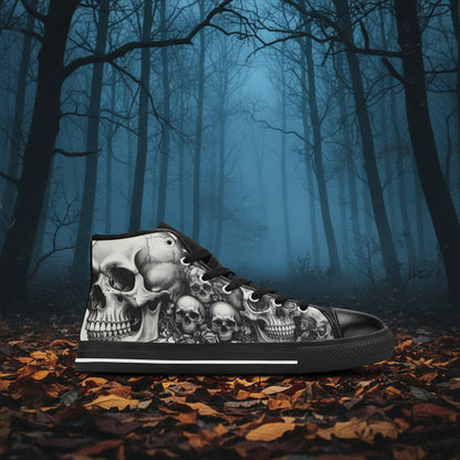 Men's Monochrome Gothic Skull Dark Art custom high-top canvas shoes — wearable art by Freaky Shoes