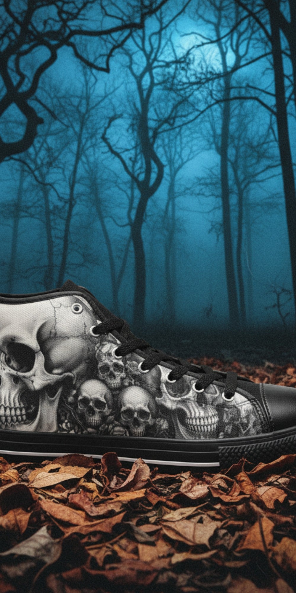 Men's Monochrome Gothic Skull Dark Art custom high-top canvas shoes — wearable art by Freaky Shoes