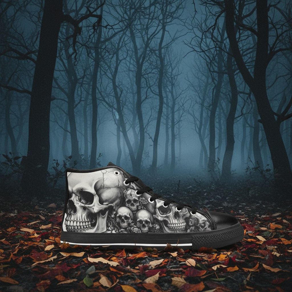 Men's Monochrome Gothic Skull Dark Art high-top canvas shoes, custom full-wrap printed design — Freaky Shoes