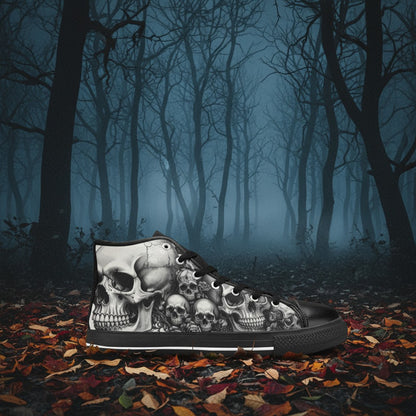 Men's Monochrome Gothic Skull Dark Art high-top canvas shoes, custom full-wrap printed design — Freaky Shoes
