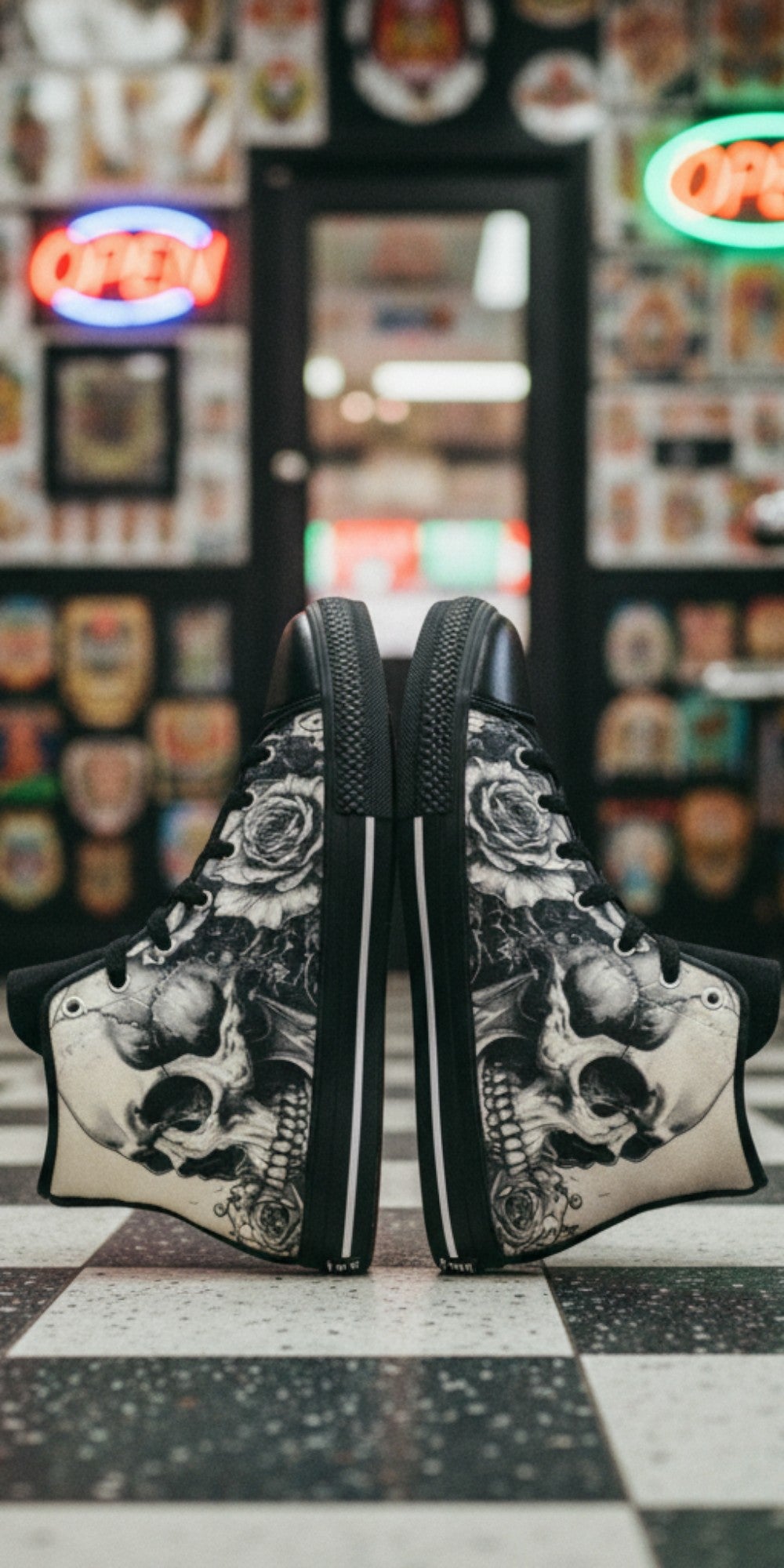 Custom Men's Monochrome Gothic Skull Dark Art high-top canvas shoes with bold all-over art — Freaky Shoes
