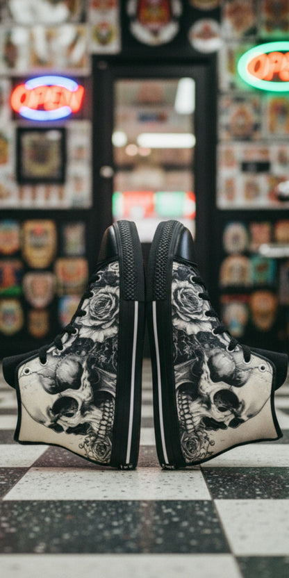 Custom Men's Monochrome Gothic Skull Dark Art high-top canvas shoes with bold all-over art — Freaky Shoes