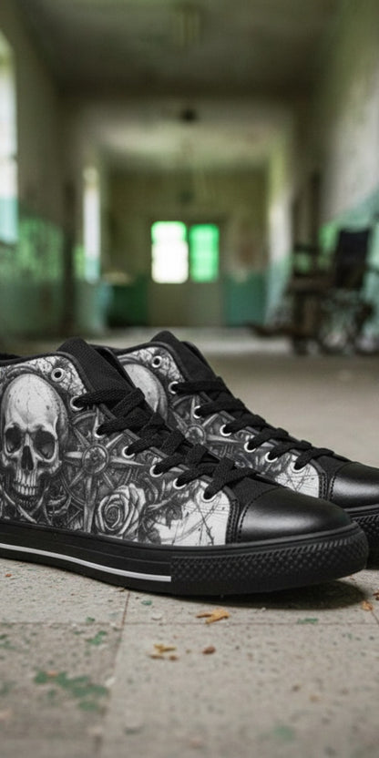 Men's Dark Gothic Art Skull high-top canvas shoes, custom full-wrap printed design — Freaky Shoes