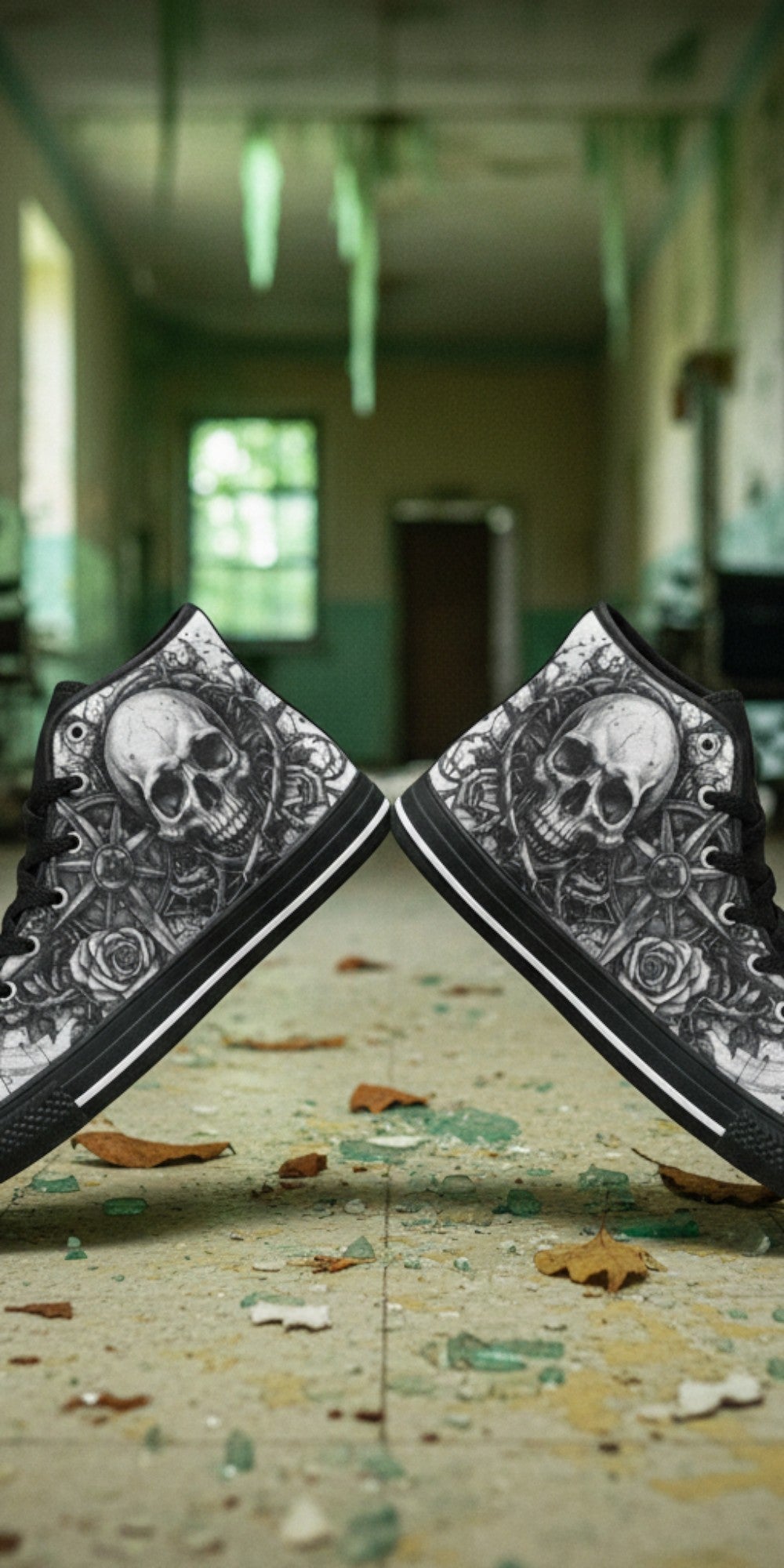 Men's Dark Gothic Art Skull high-top canvas shoes — one-of-a-kind custom printed art, Freaky Shoes