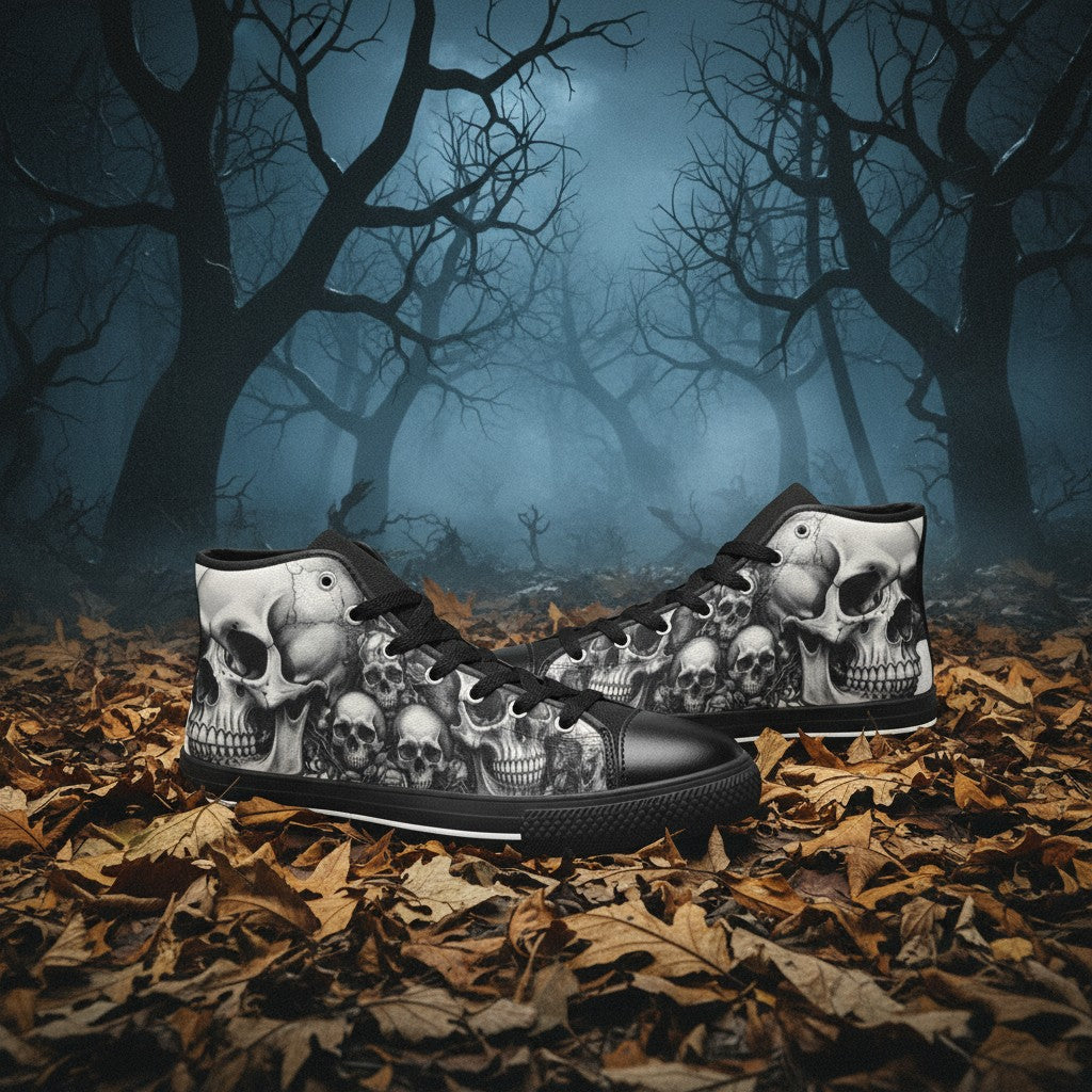Custom Men's Monochrome Gothic Skull Dark Art high-top canvas shoes with bold all-over art — Freaky Shoes