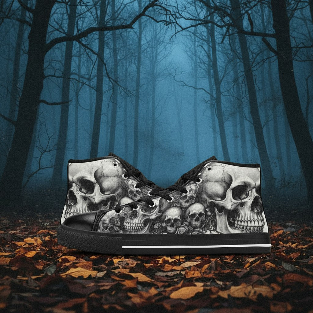 Men's Monochrome Gothic Skull Dark Art high-top canvas shoes, custom full-wrap printed design — Freaky Shoes